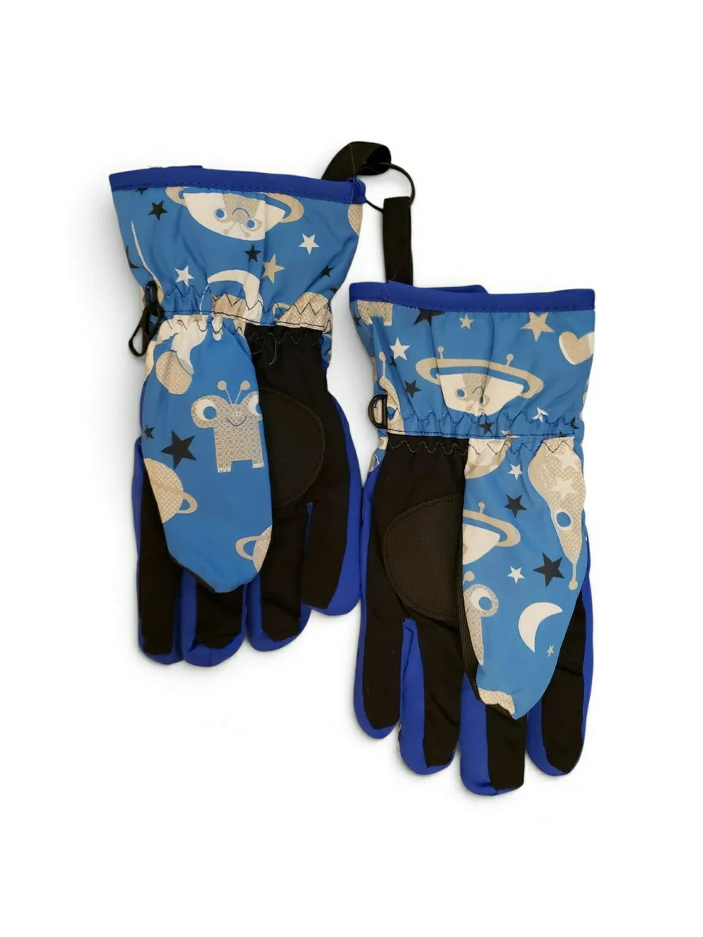 Children's sm blue winter ski gloves feature a playful cartoon monster print.